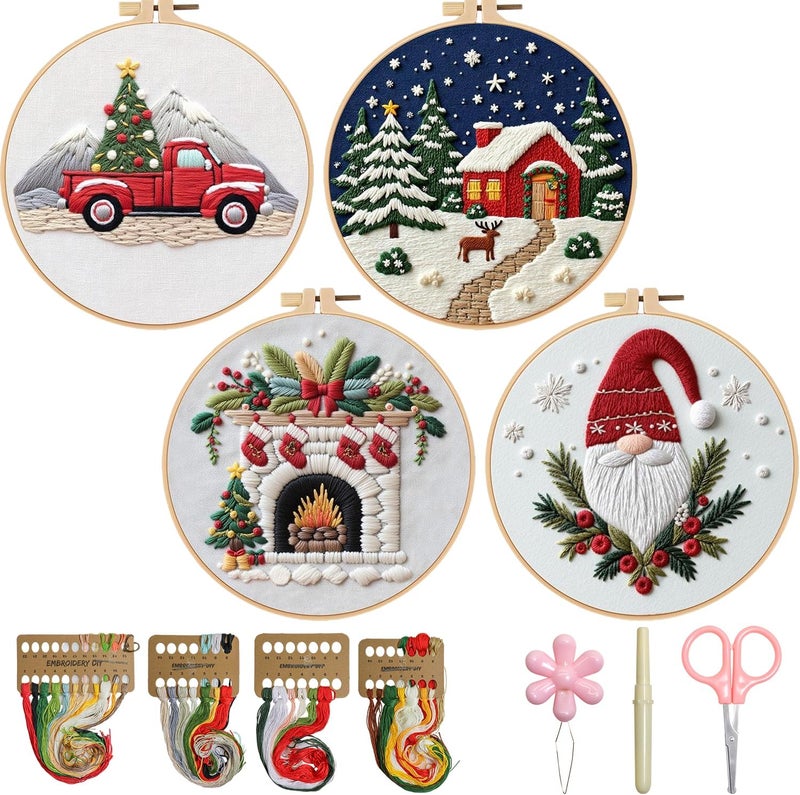 BBLYBD Christmas Embroidery Kit, 4 Set Embroidery DIY Starter Kit, Cross Stitch Kits with Pre-Printed Embroidery Fabric, Hoops, Step-by-Step Instructions, Color Threads & Needles (Christmas-4 Set) - Image 1